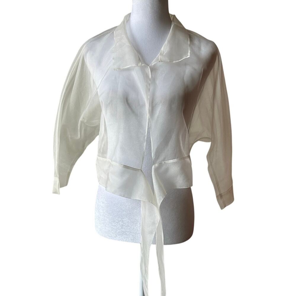 Sheer Transparent Silk Doncaster Collection White Tie Wrap Blouse Size 4